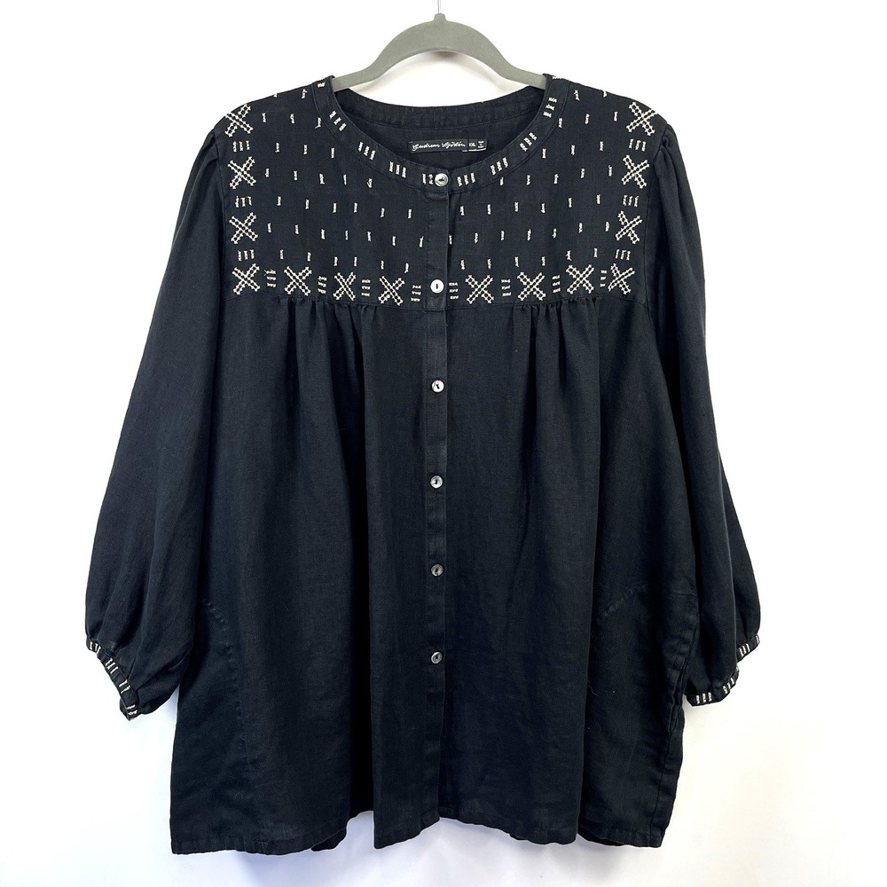 Gudrun Sjoden Embroidered Linen Tunic Top Size XXL Black Pockets Lagenlook Artsy